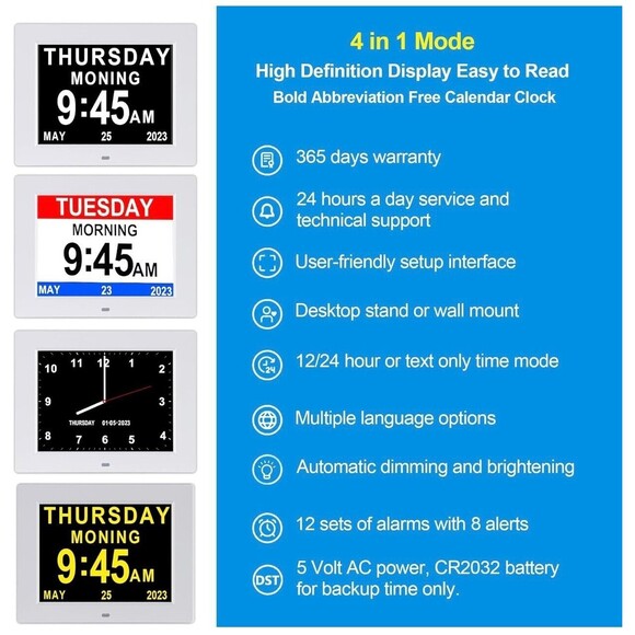 Dementia Clock Digital Clock w/ Dimmer 8 Inch White Wall Mountable Stand Plug In - Picture 8 of 9